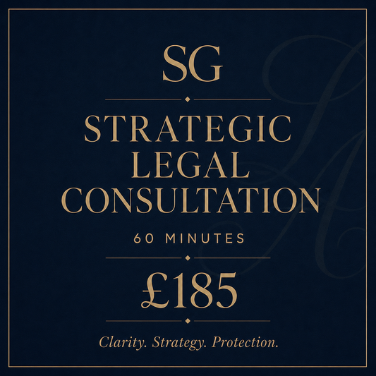 A dark navy blue square graphic with gold serif text reading 'SG STRATEGIC LEGAL CONSULTATION', '60 MINUTES', '£185', and 'Clarity. Strategy.