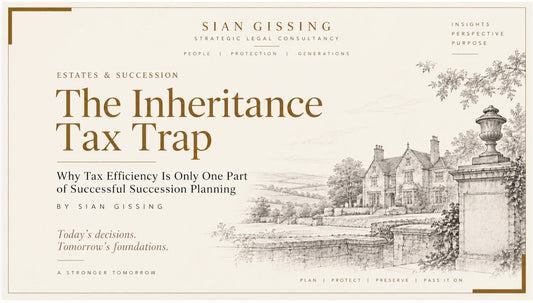 nheritance tax and estate succession planning illustration showing a family estate, representing intergenerational wealth, stewardship and legacy planning. by Sian Gissing LL.B (HONS)