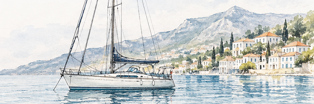 Watercolour illustration of a sailing yacht off the Greek coast