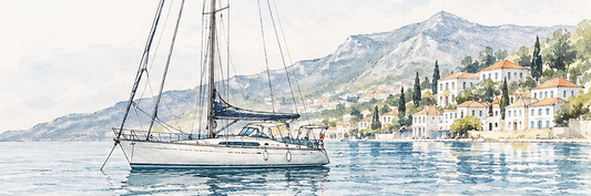 Watercolour illustration of a sailing yacht off the Greek coast