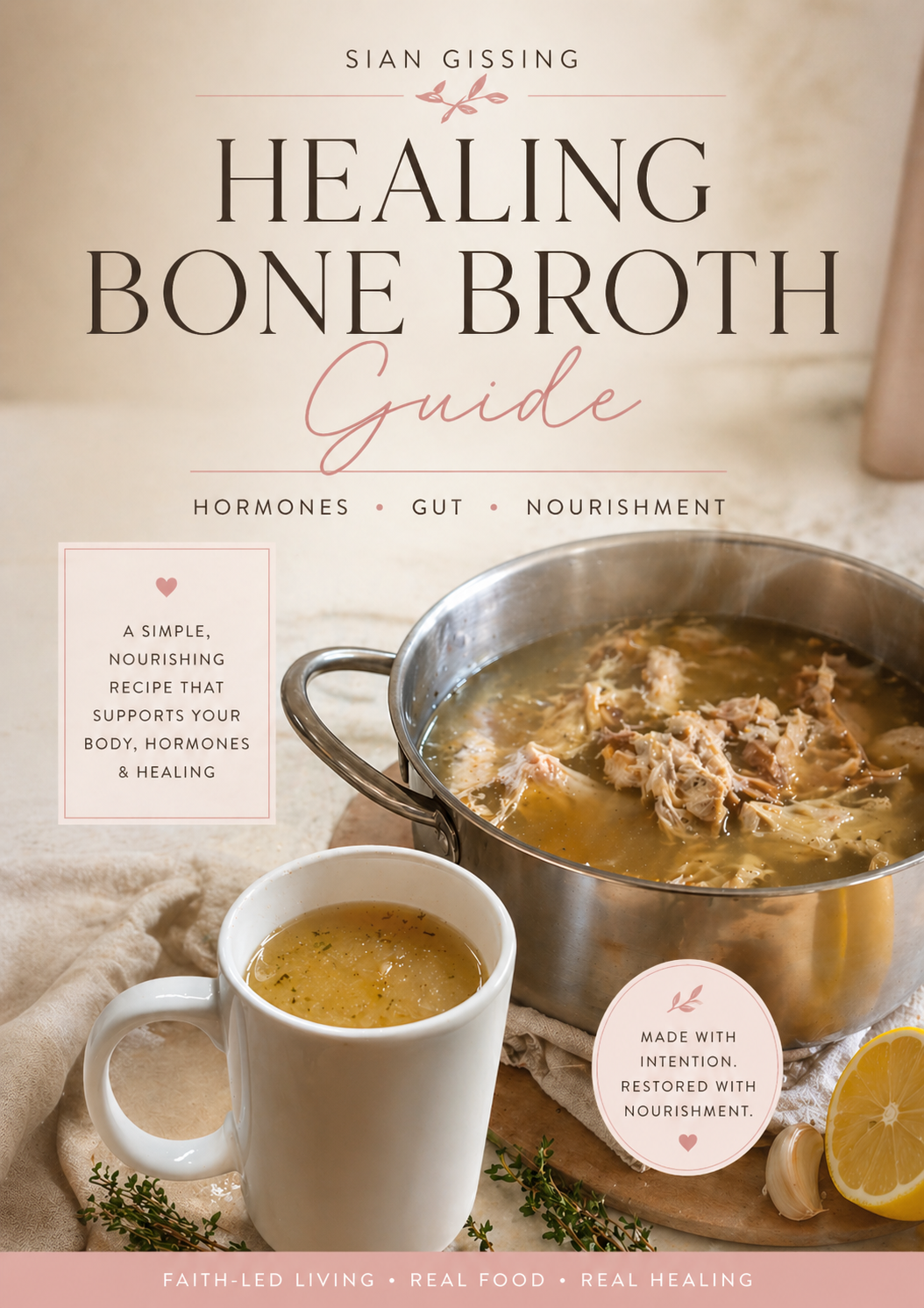 Book cover of 'Healing Bone Broth Guide' with a pot of bone broth and a mug on a wooden surface.