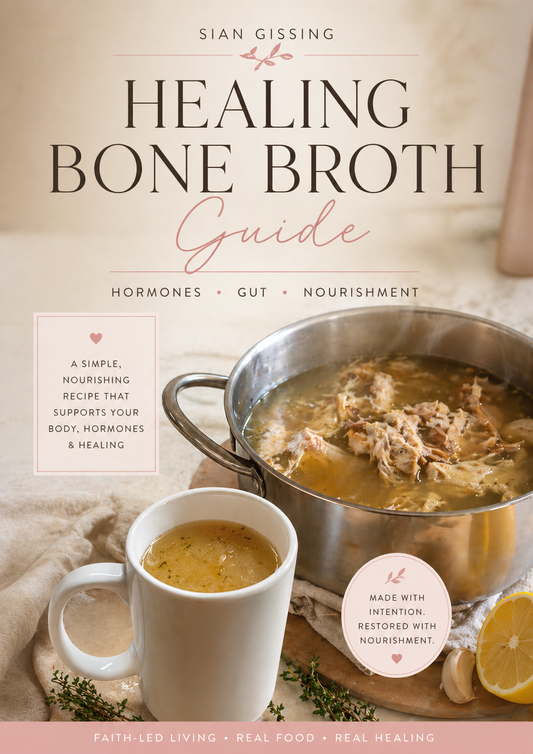Book cover of 'Healing Bone Broth Guide' with a pot of bone broth and a mug on a wooden surface.