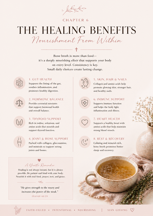 Infographic on the healing benefits of nourishment from within with a cup of bone broth and natural elements.