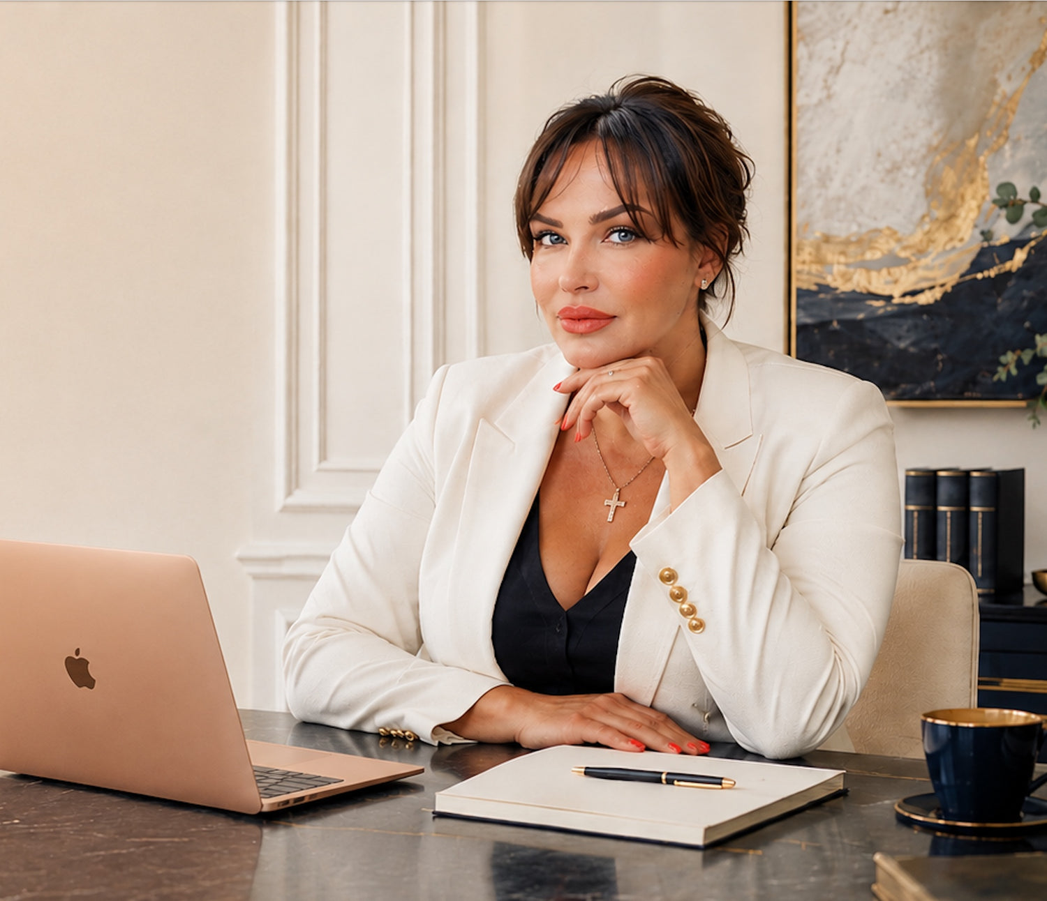 Sian Gissing  in a white blazer and black top sits at a desk with a laptop, notebook, and coffee cup in a bright indoor setting.