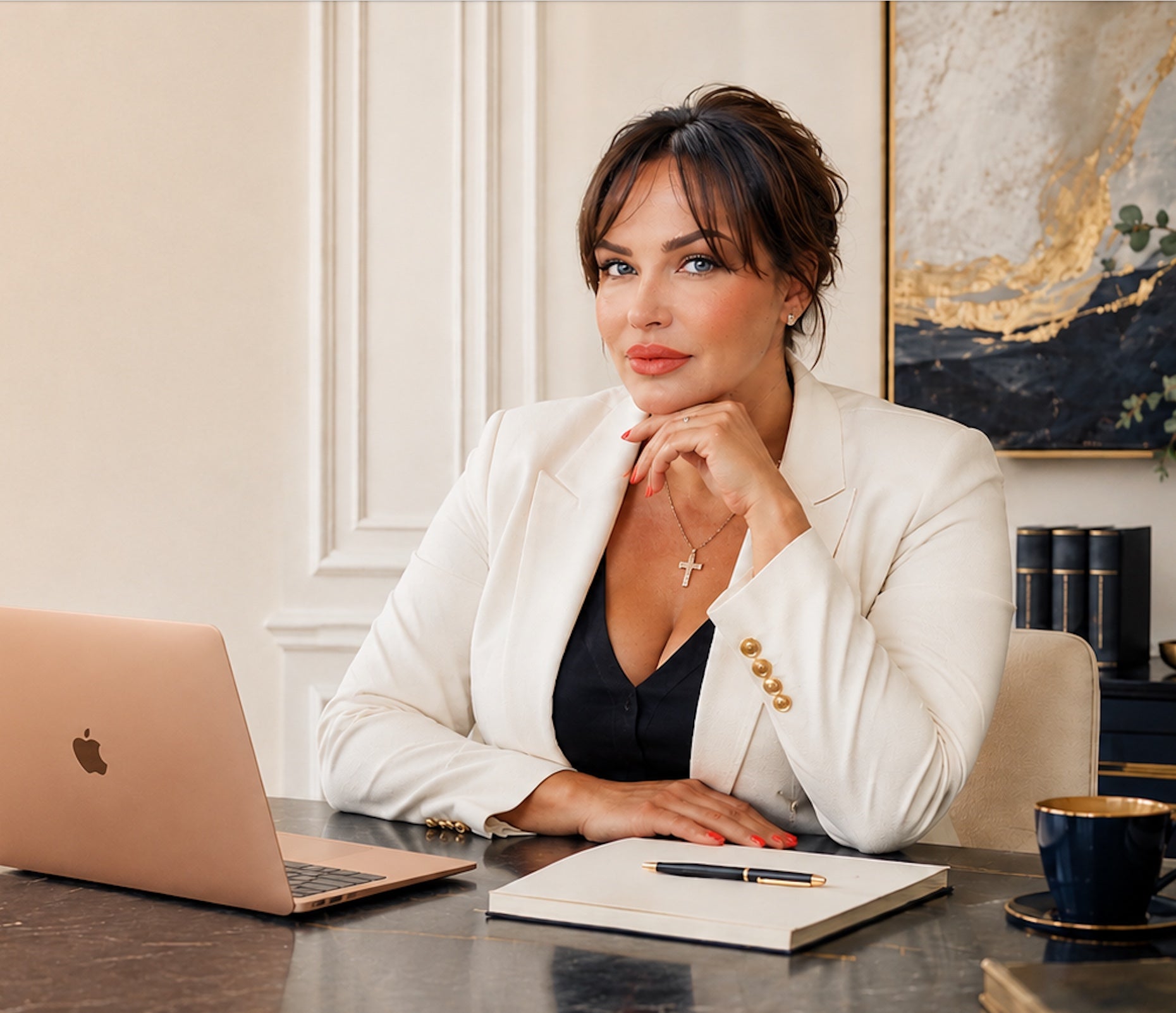 Sian Gissing  in a white blazer and black top sits at a desk with a laptop, notebook, and coffee cup in a bright indoor setting.